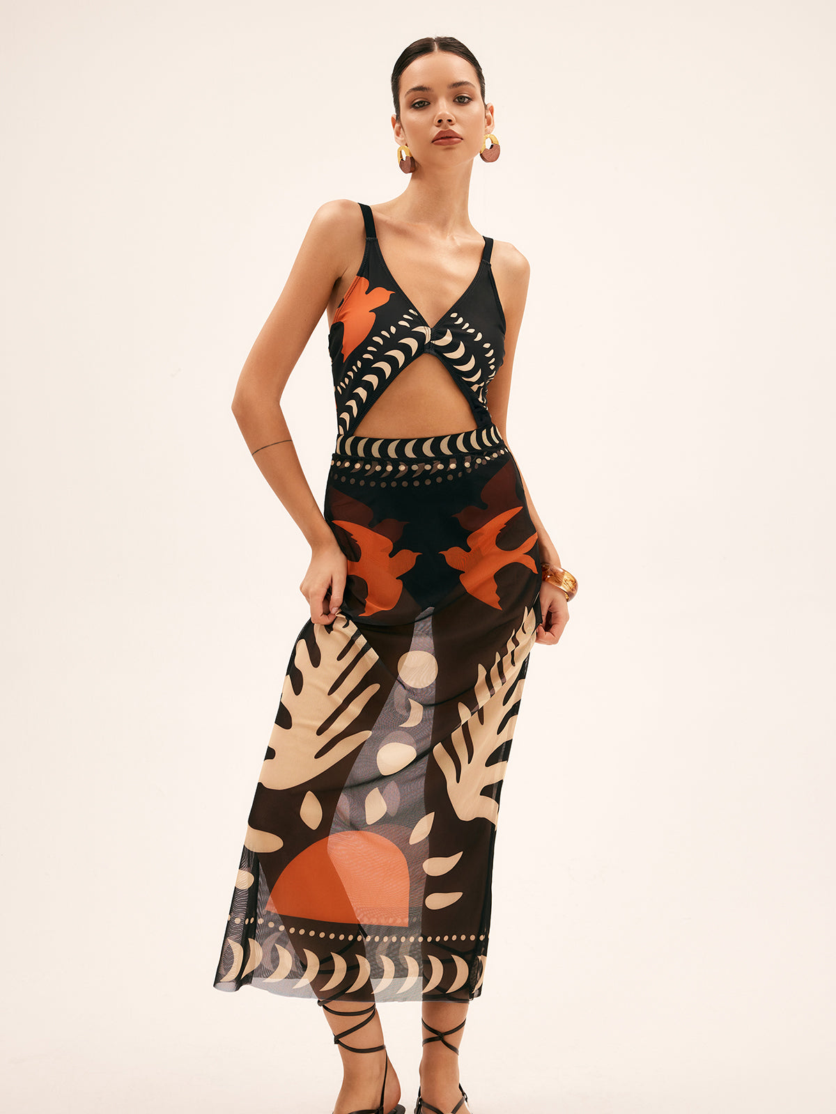 Bird print mesh skirt